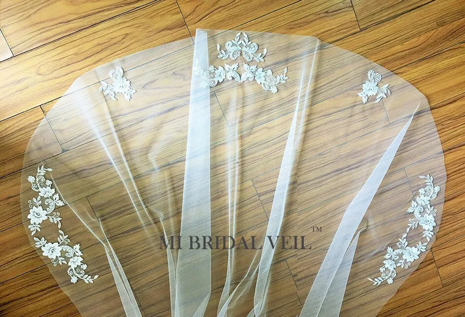 Lace Wedding Veil, Silver Lace Applique Chapel Lace Veil, Mi Bridal
