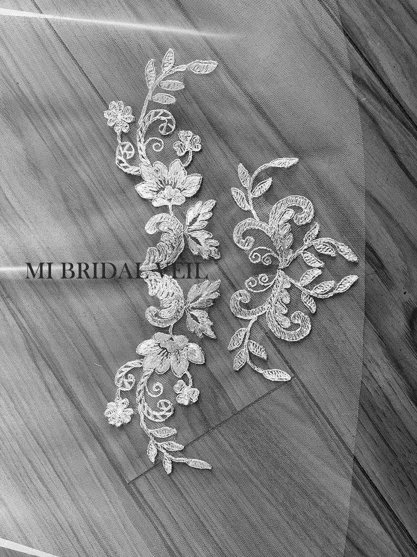 Lace Wedding Veil, Silver Lace Applique Chapel Lace Veil, Mi Bridal