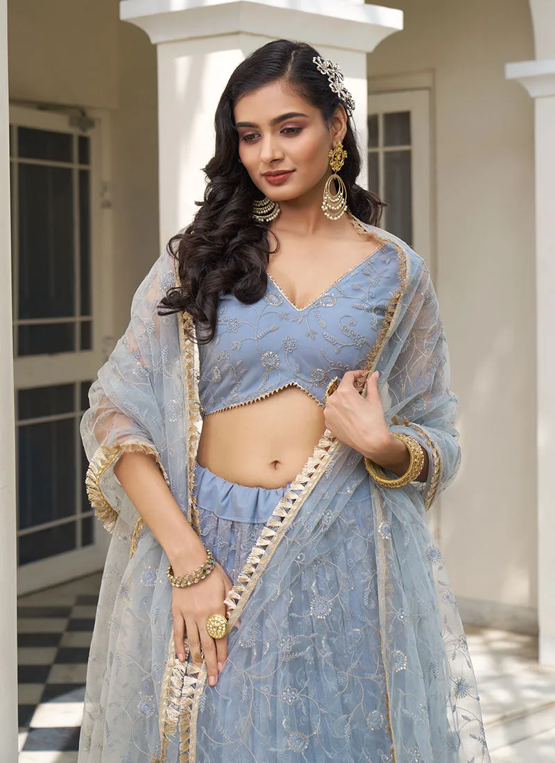 Light Blue Thread Embroidery Wedding Lehenga Choli And Dupatta