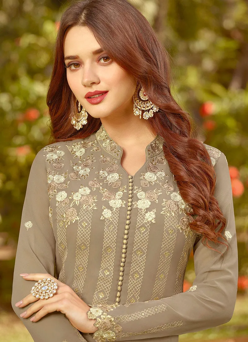 Light Brown Golden Embroidered Slit Style Anarkali Suit