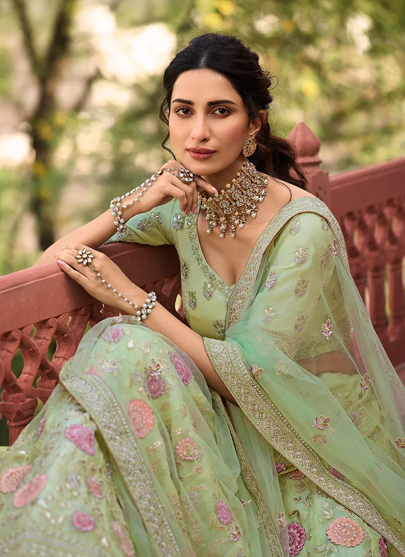 Light Green Multi Embroidered Organza Lehenga Choli