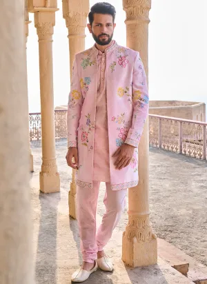 Light Pink Hand Embroidered Velvet Jodhpuri Set