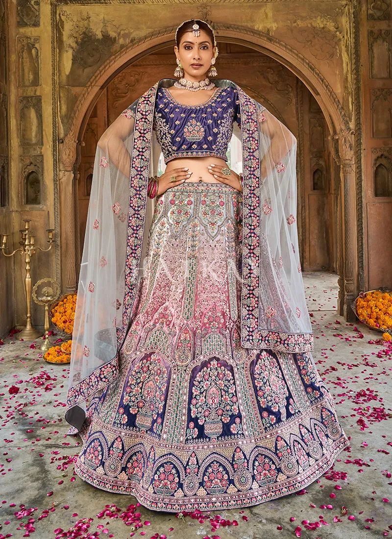 Lilac Purple Multi Velvet Designer Bridal Lehenga Choli
