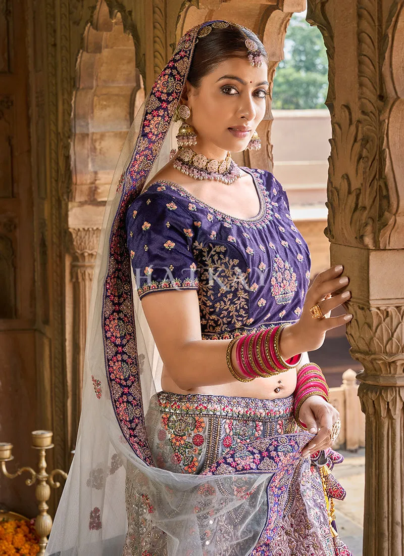 Lilac Purple Multi Velvet Designer Bridal Lehenga Choli