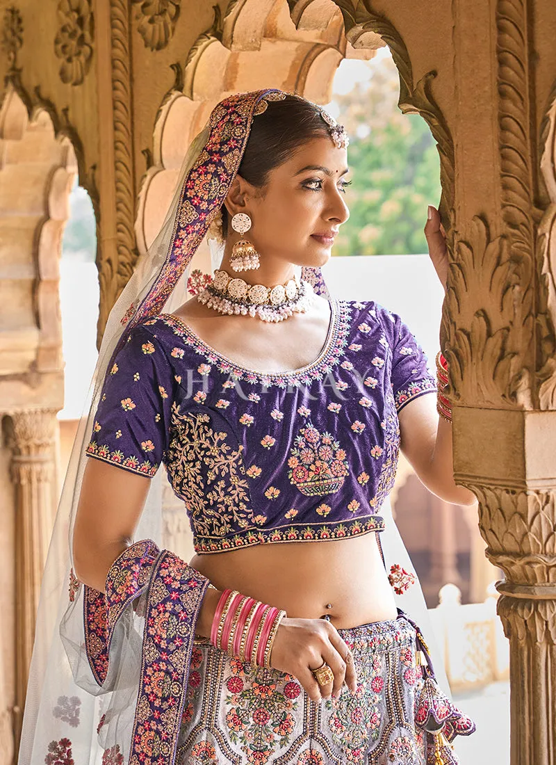 Lilac Purple Multi Velvet Designer Bridal Lehenga Choli