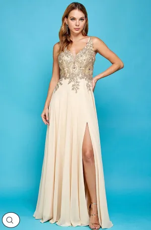 Lily’s Champagne/Gold Appliqué Chiffon Dress