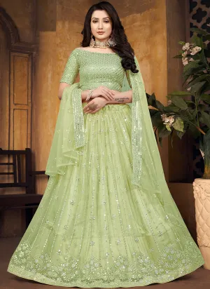 Lime Green Mirror Work Net Lehenga Choli