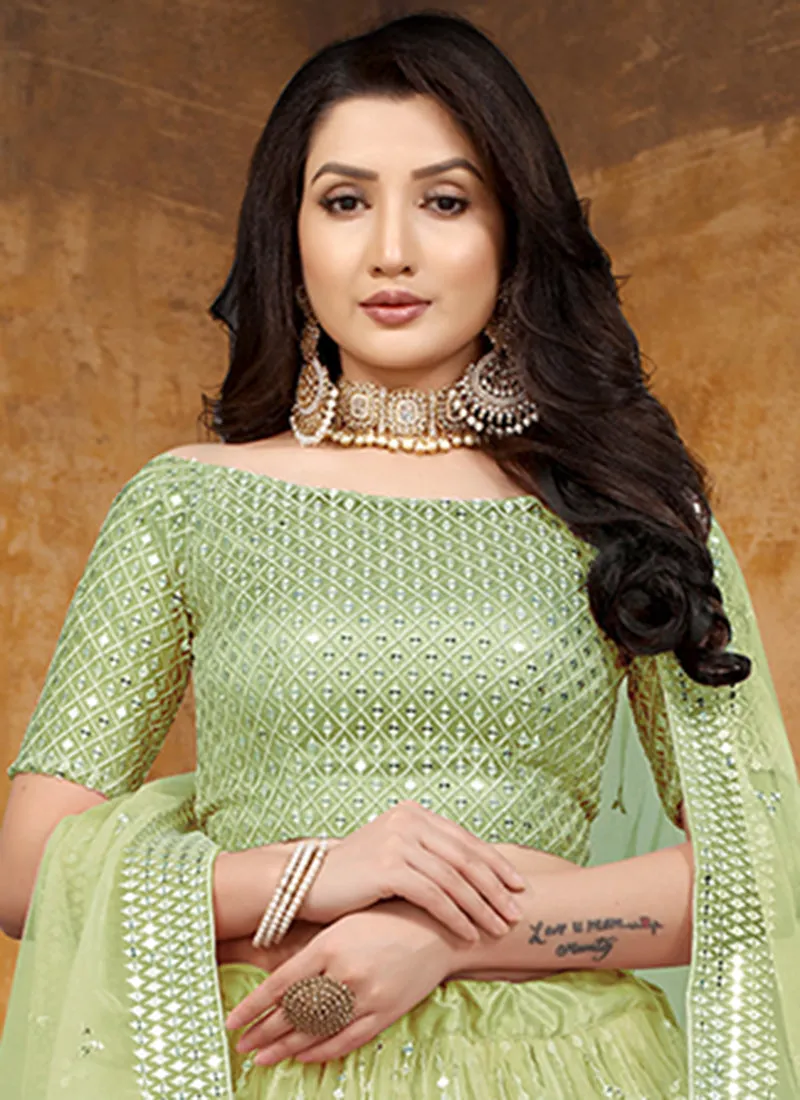 Lime Green Mirror Work Net Lehenga Choli