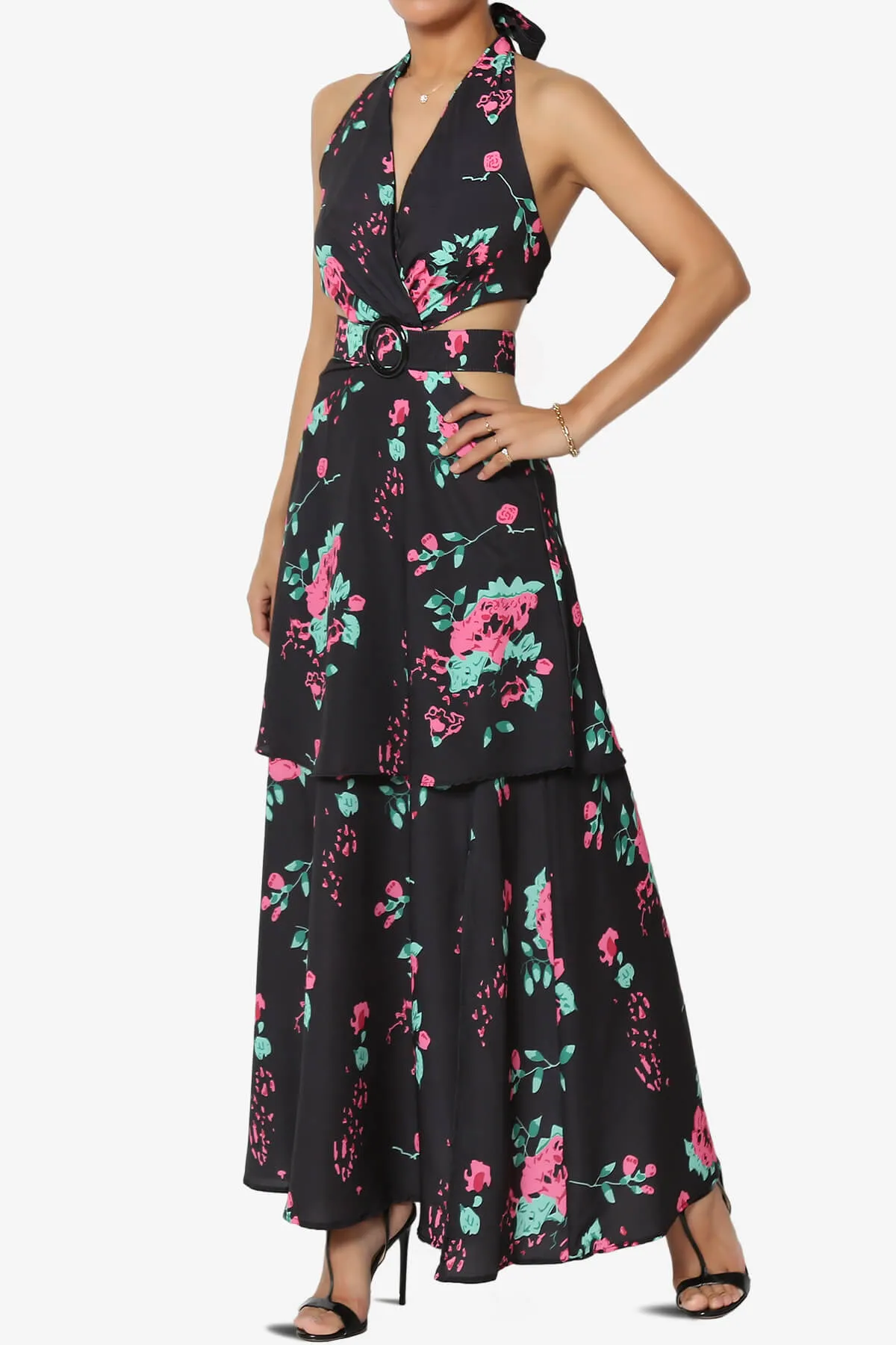 Lockwood Floral Halter Cutout Maxi Dress in Black