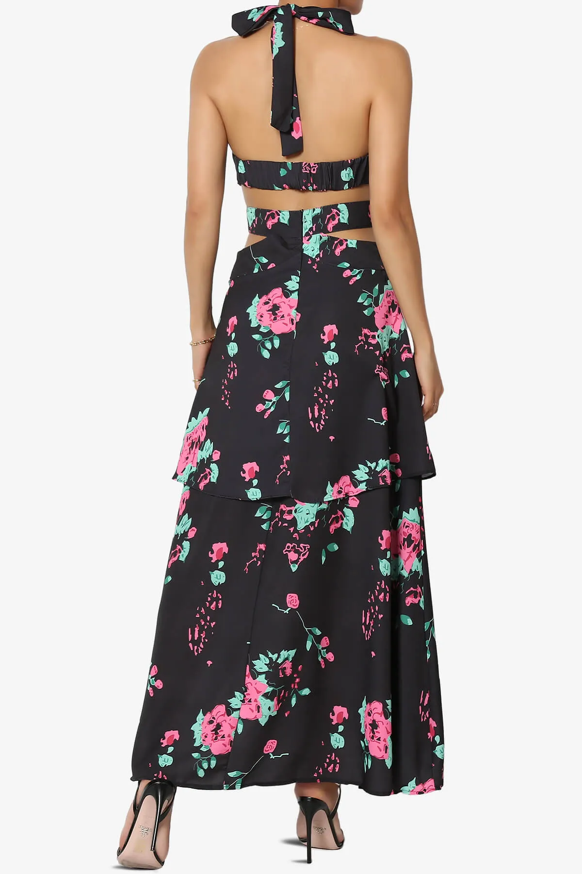Lockwood Floral Halter Cutout Maxi Dress in Black