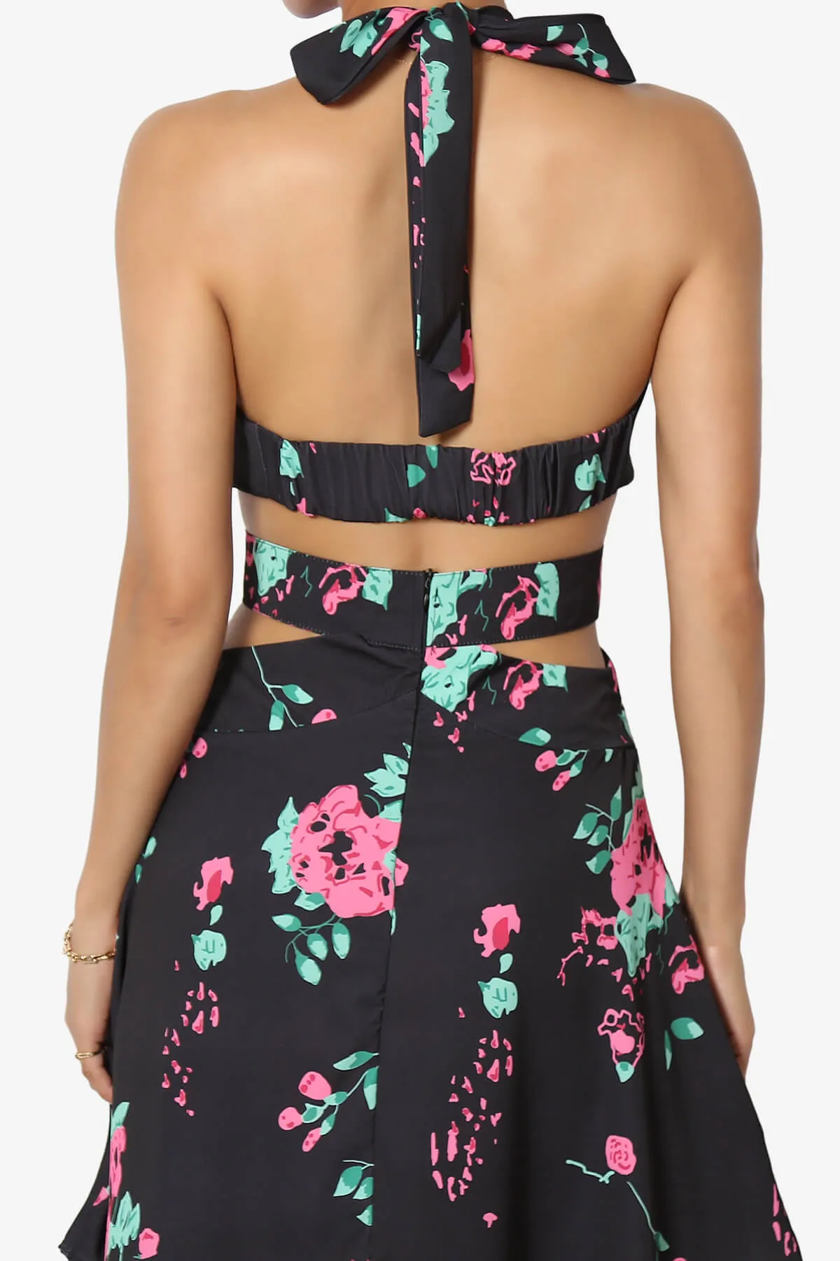 Lockwood Floral Halter Cutout Maxi Dress in Black