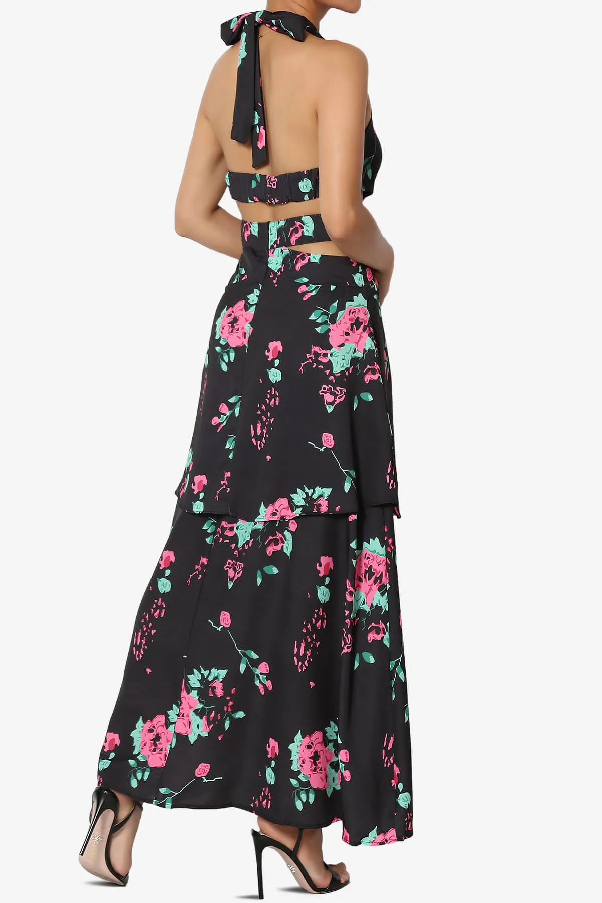 Lockwood Floral Halter Cutout Maxi Dress in Black