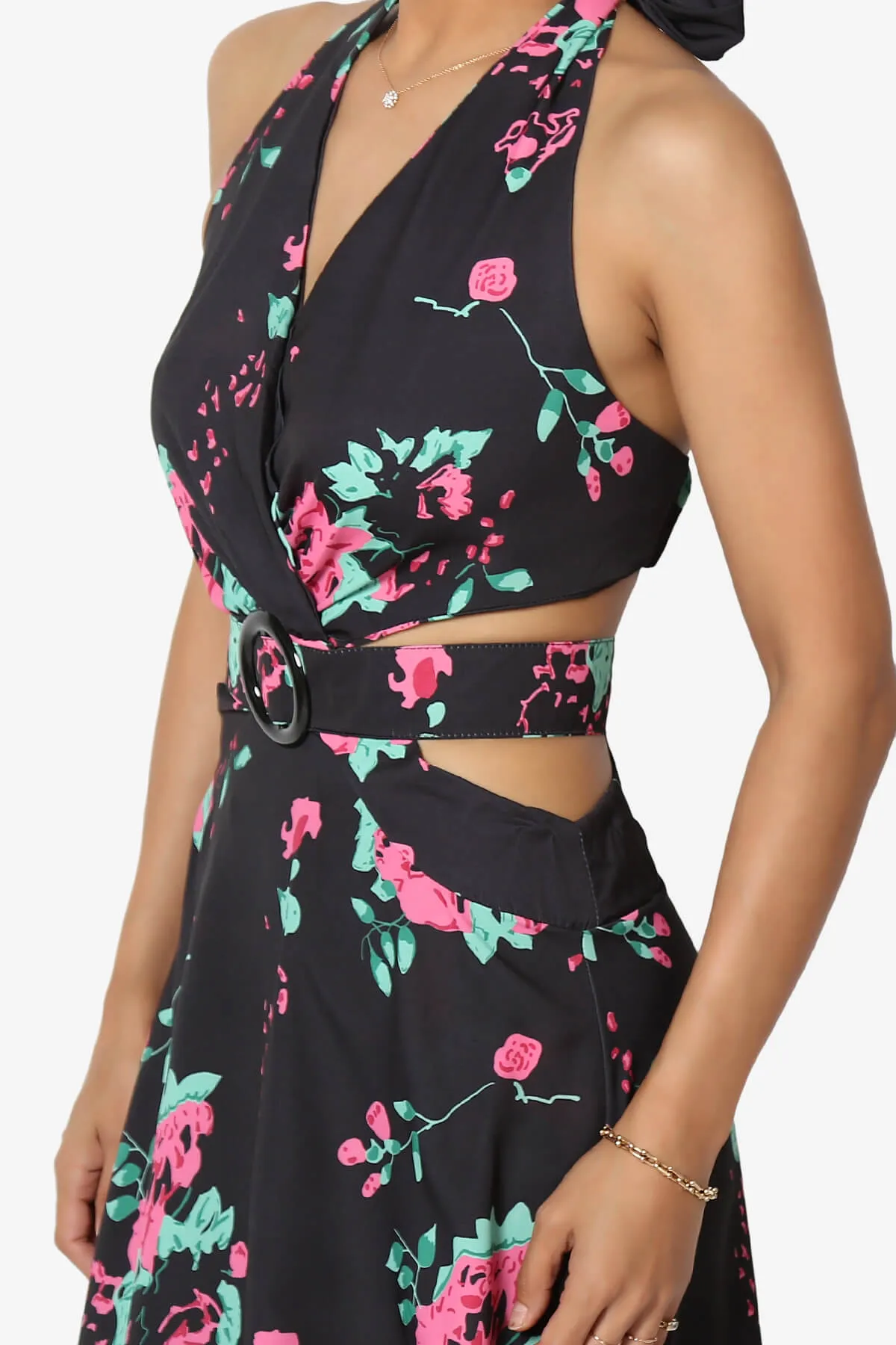 Lockwood Floral Halter Cutout Maxi Dress in Black