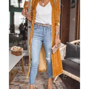 Long Mustard Velvet Cardigan