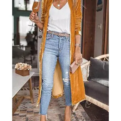 Long Mustard Velvet Cardigan