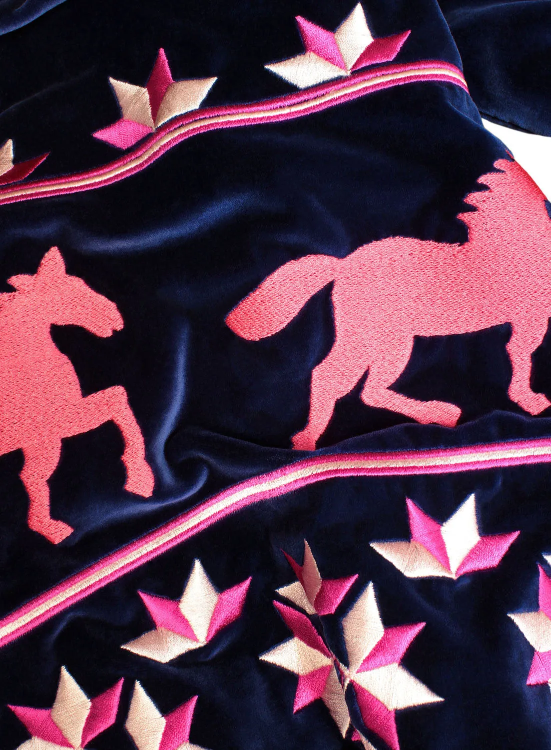 Long velvet kaftan with embroidered horses
