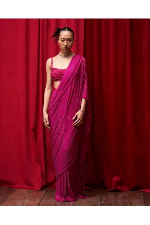 Magenta Pink Net Crystal Embellished Pre-Stitched Saree Set