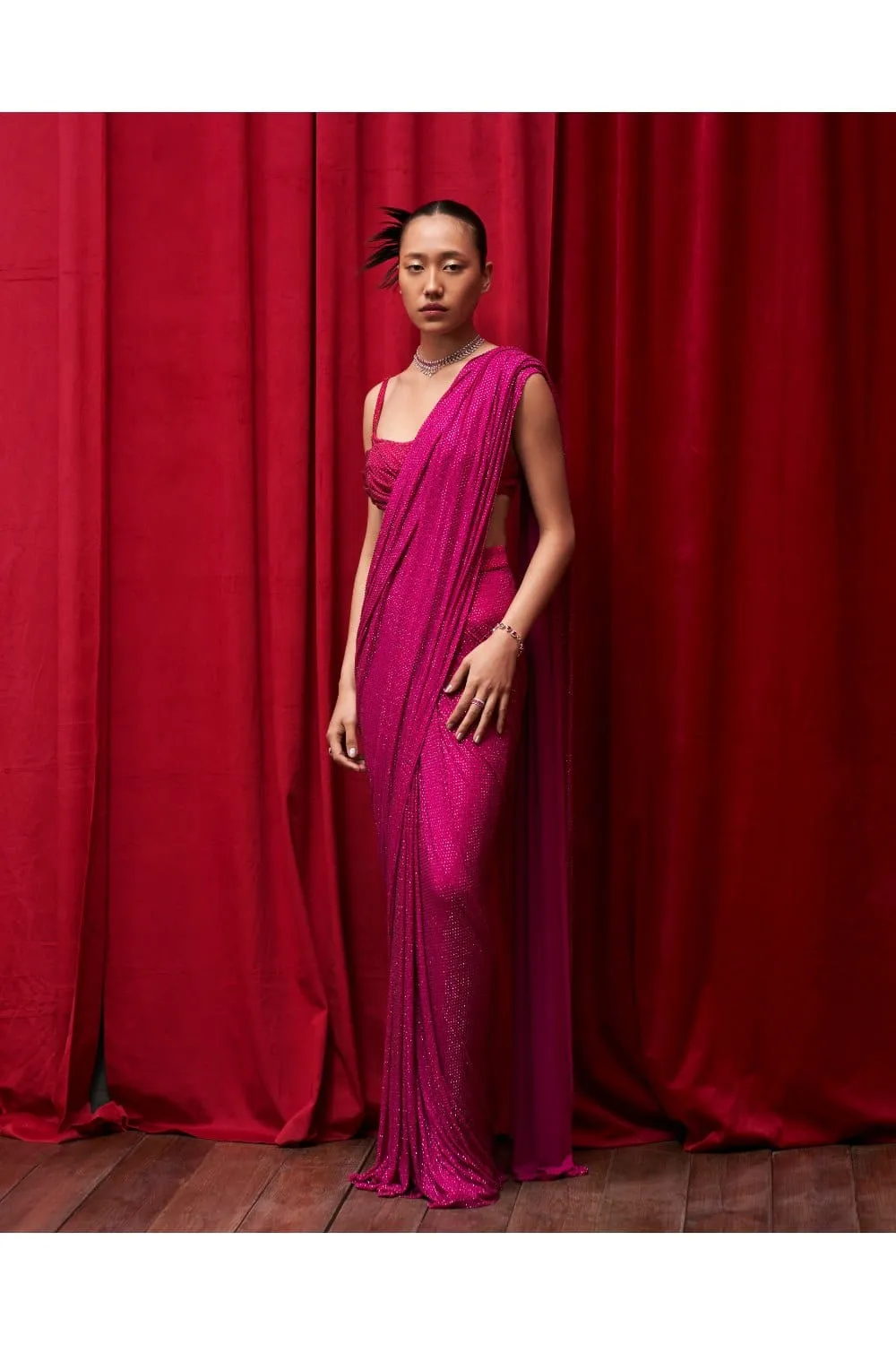 Magenta Pink Net Crystal Embellished Pre-Stitched Saree Set