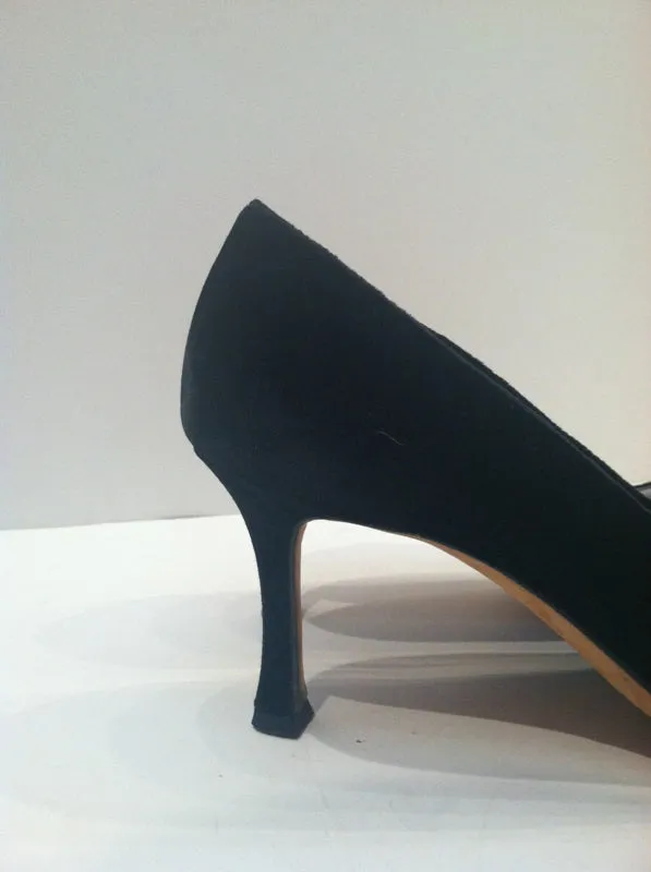 MANOLO BLAHNIK Black Velvet Pointed Toe Heels with White Rhinestone Detail Size 39
