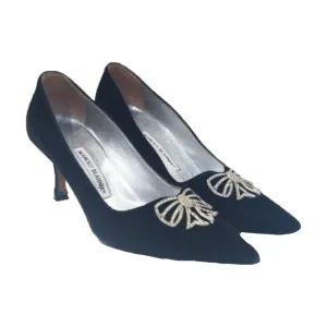 MANOLO BLAHNIK Black Velvet Pointed Toe Heels with White Rhinestone Detail Size 39