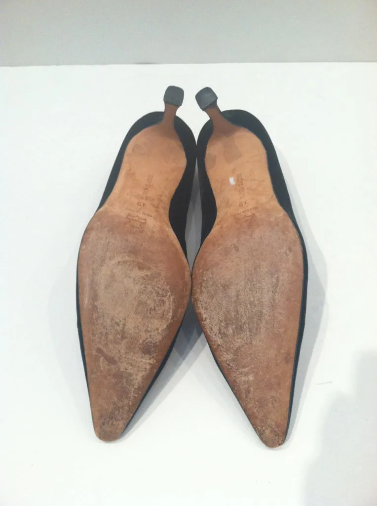 MANOLO BLAHNIK Black Velvet Pointed Toe Heels with White Rhinestone Detail Size 39