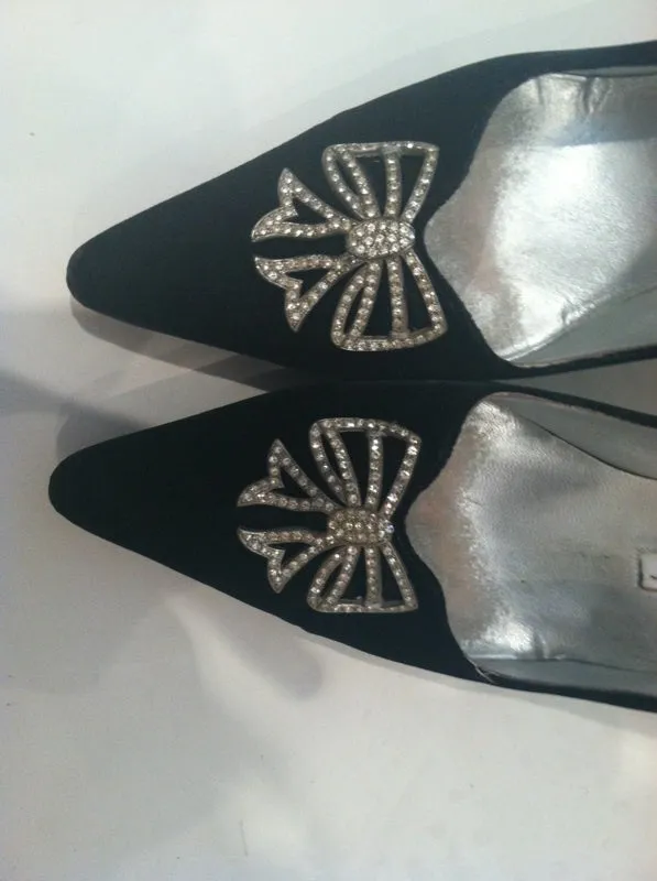 MANOLO BLAHNIK Black Velvet Pointed Toe Heels with White Rhinestone Detail Size 39