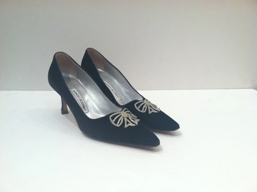 MANOLO BLAHNIK Black Velvet Pointed Toe Heels with White Rhinestone Detail Size 39