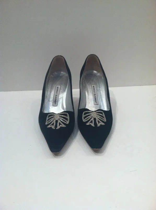 MANOLO BLAHNIK Black Velvet Pointed Toe Heels with White Rhinestone Detail Size 39