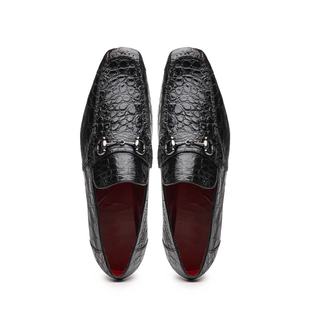 Marco Di Milano Landro Shoes Black Exotic Crocodile Horsebit Loafers