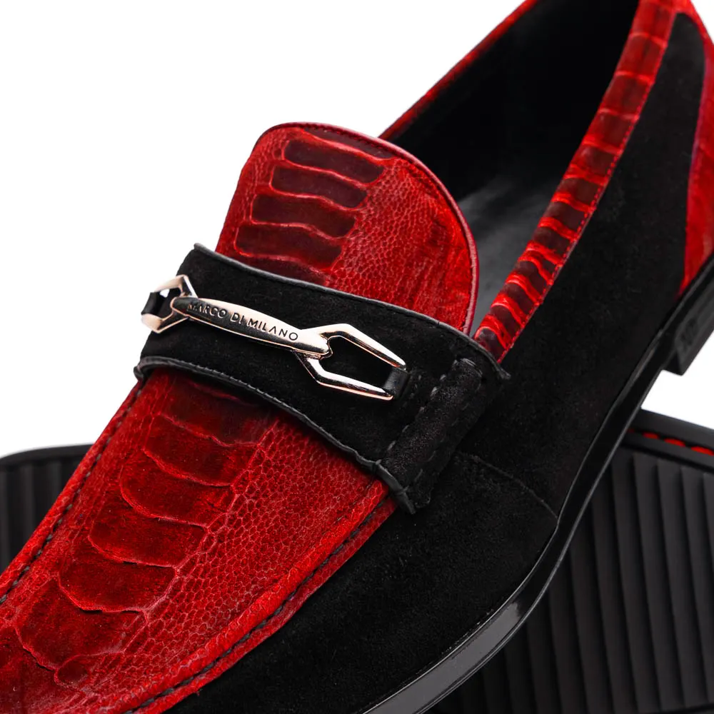 Marco Di Milano Red-Black Hugo Sueded Ostrich Leg Bit Loafers
