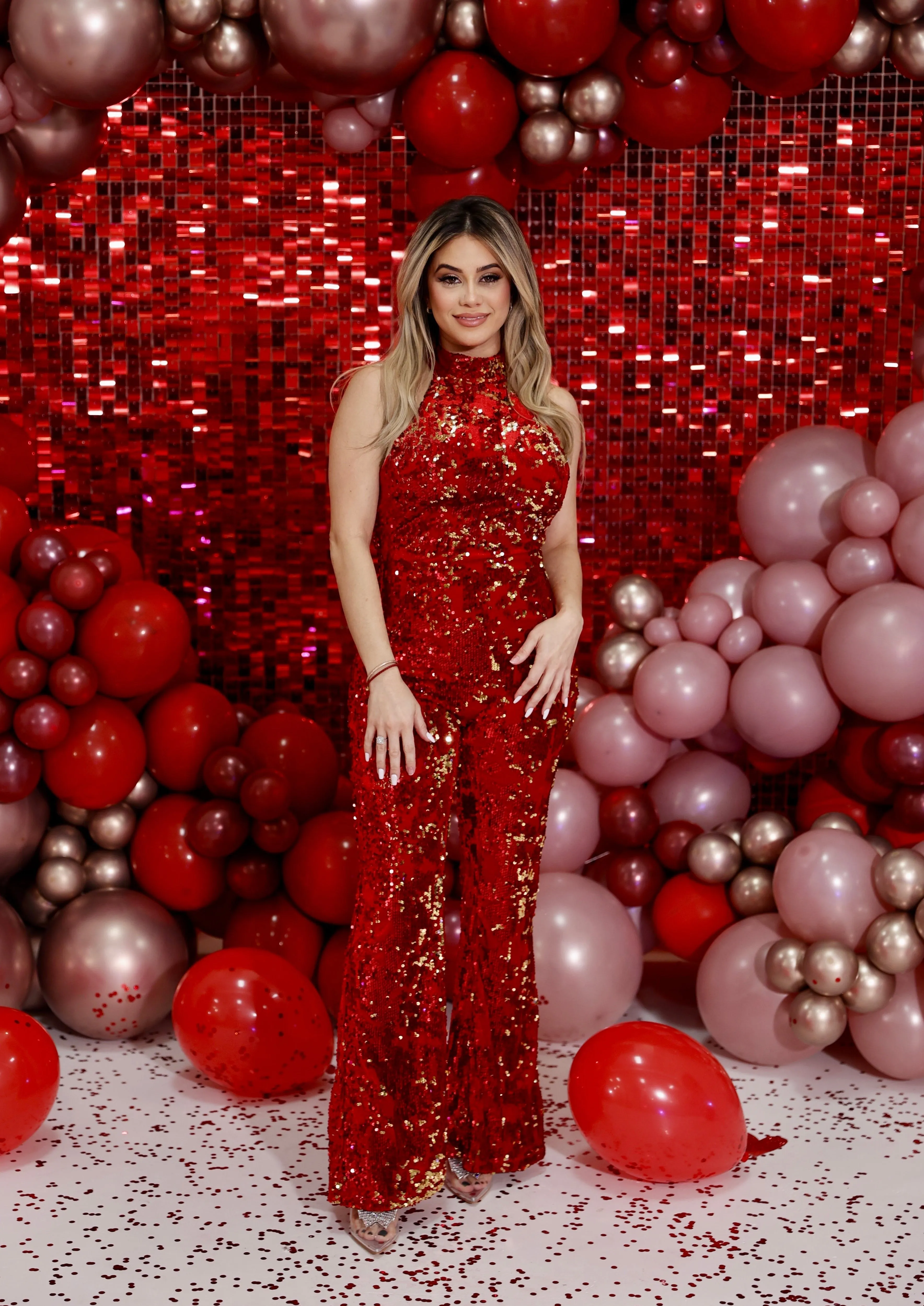 MARIAH RED VELVET SEQUIN HALTER JUMPSUIT – GLAMOROUS GOLD & RED SPARKLING ONE-PIECE FOR SPECIAL EVENTS