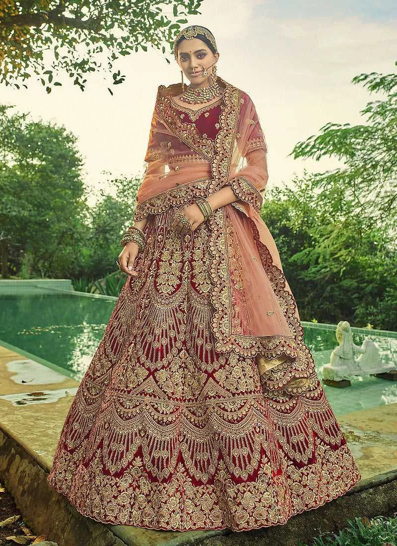 Maroon And Gold Heavy Embroidered Velvet Lehenga Outfit