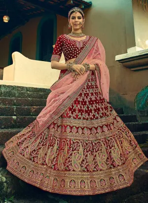 Maroon And Gold Heavy Embroidered Velvet Lehenga Suit