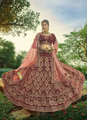 Maroon And Gold Heavy Embroidered Velvet Lehenga Suit