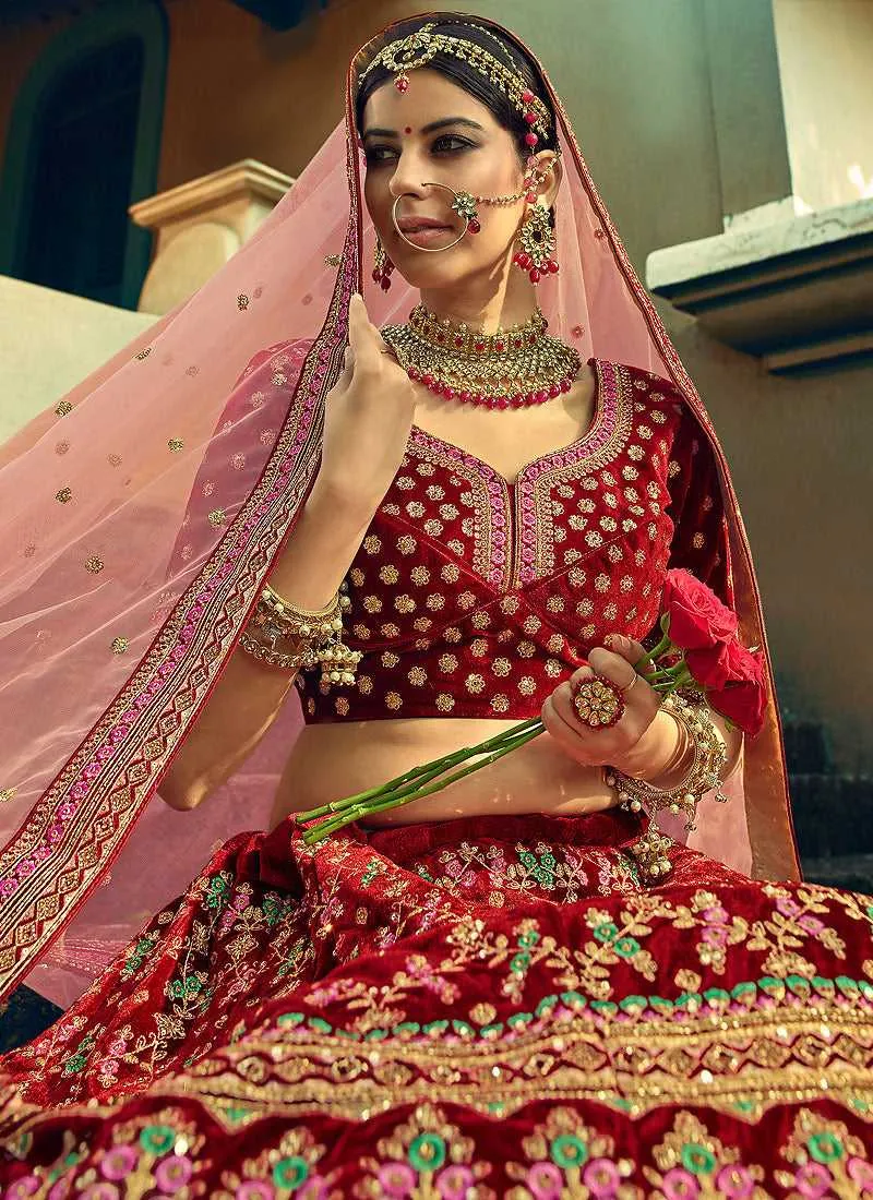 Maroon And Gold Heavy Embroidered Velvet Lehenga Suit
