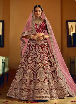 Maroon And Gold Heavy Embroidered Velvet Lehenga