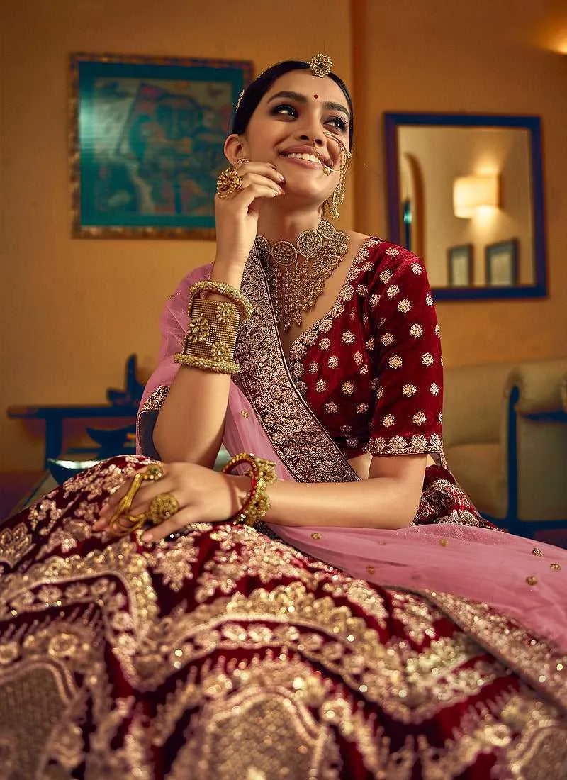 Maroon And Gold Heavy Embroidered Velvet Lehenga