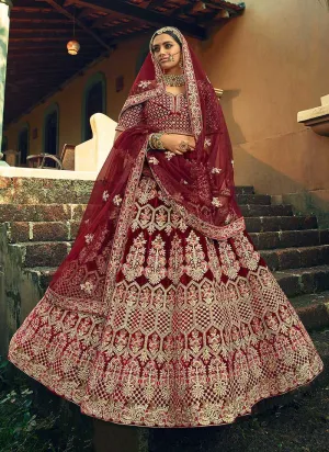 Maroon And Gold Heavy Embroidered Velvet Lehenga