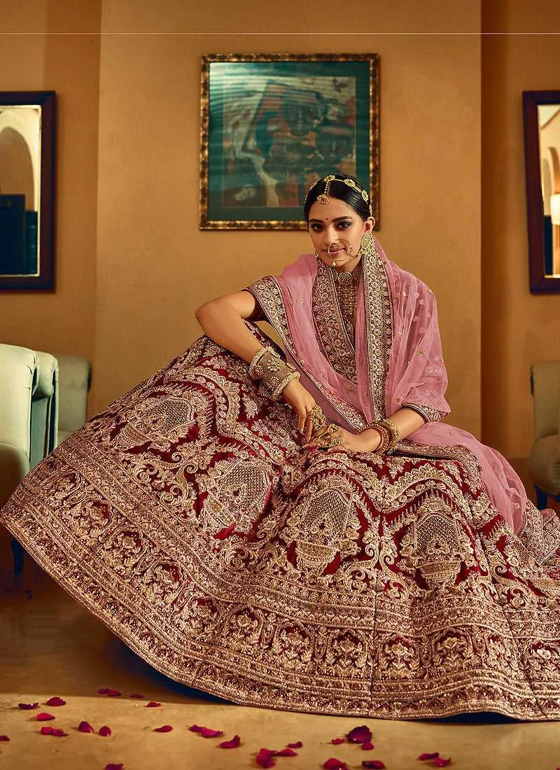Maroon And Gold Heavy Embroidered Velvet Lehenga