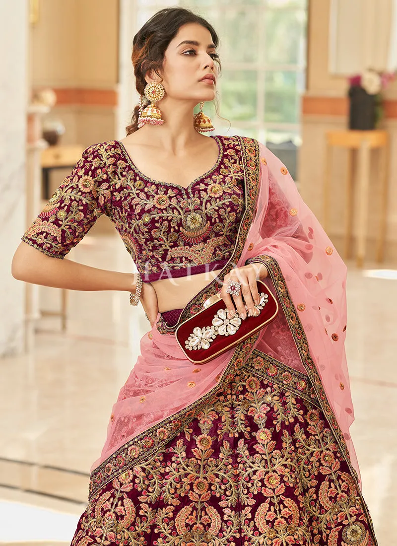Maroon And Pink Embroidery Wedding Lehenga Choli