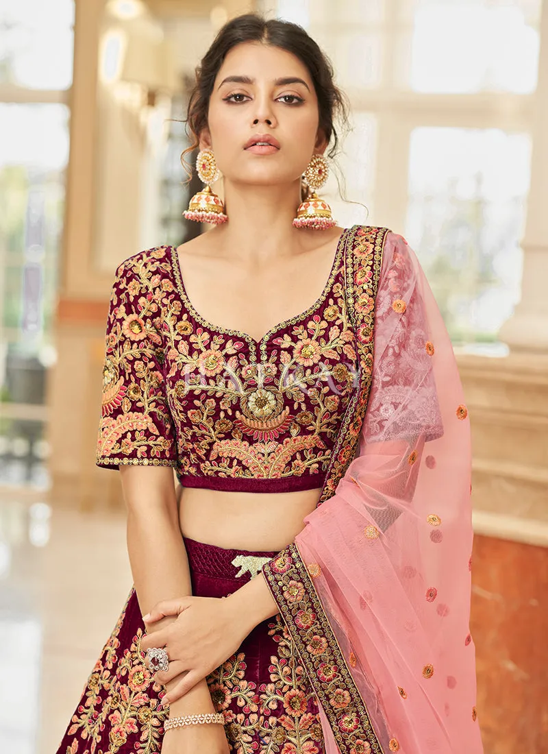Maroon And Pink Embroidery Wedding Lehenga Choli