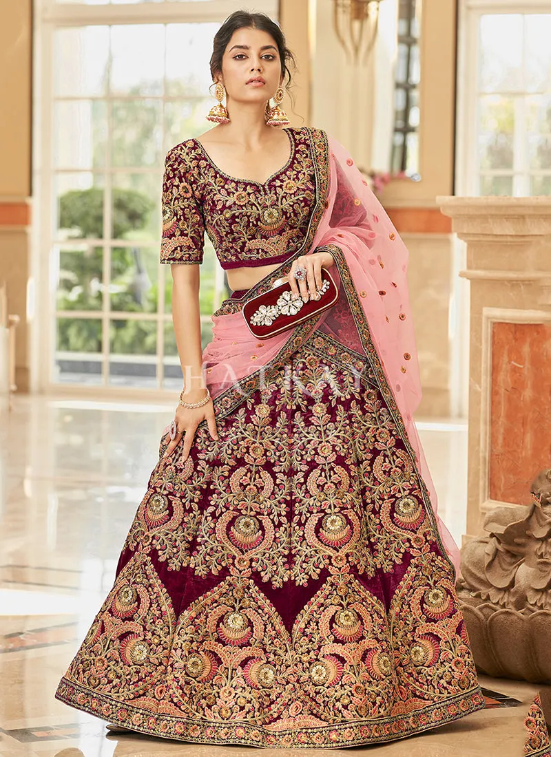 Maroon And Pink Embroidery Wedding Lehenga Choli