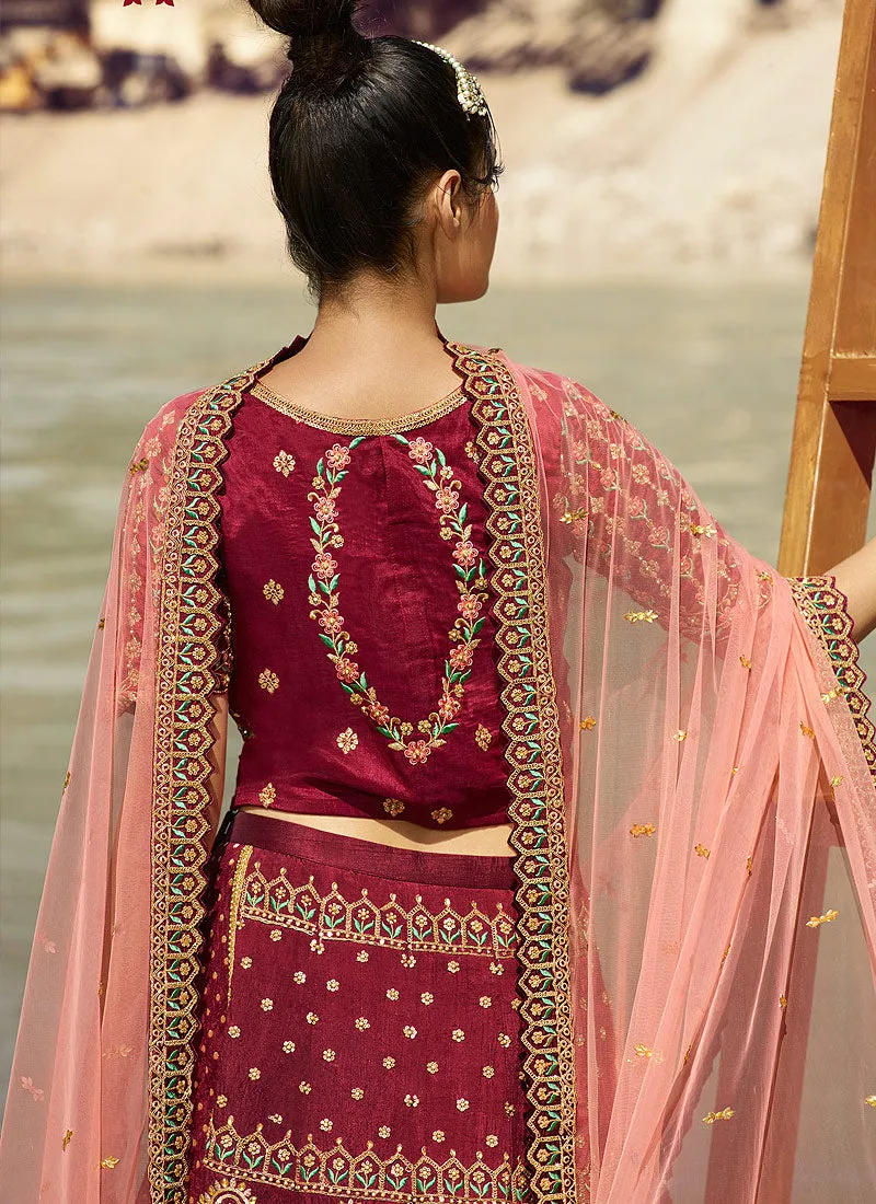 Maroon And Pink Multi Embroidered Designer Lehenga Choli