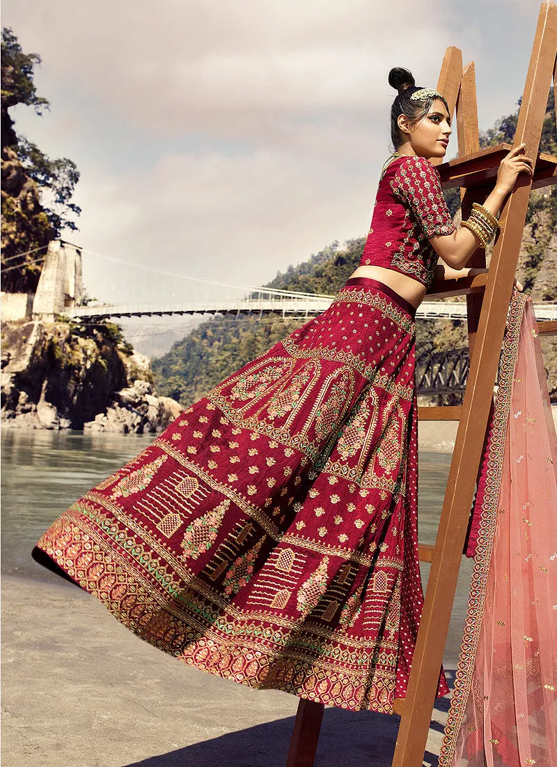 Maroon And Pink Multi Embroidered Designer Lehenga Choli