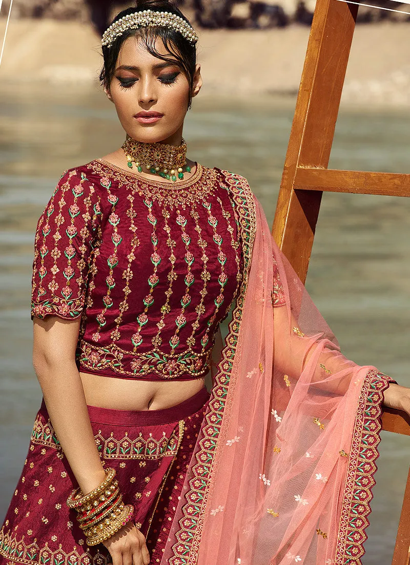 Maroon And Pink Multi Embroidered Designer Lehenga Choli