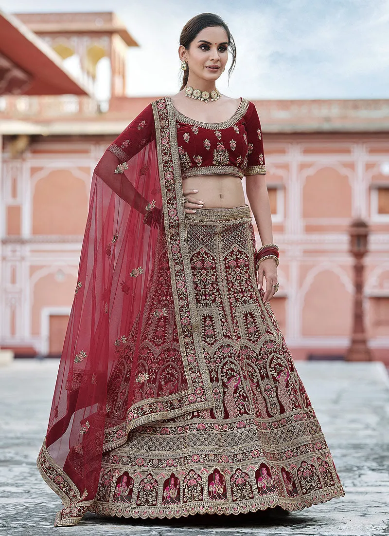 Maroon Embroidered Velvet Wedding Lehenga Choli