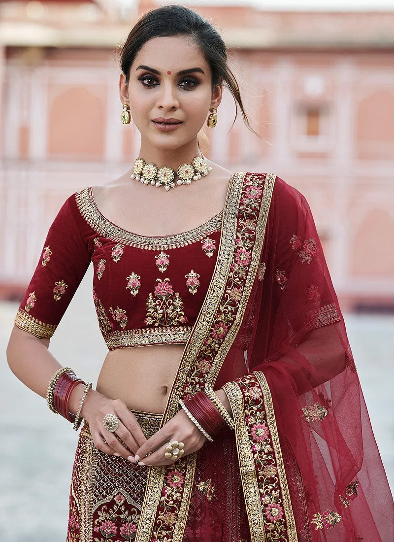 Maroon Embroidered Velvet Wedding Lehenga Choli