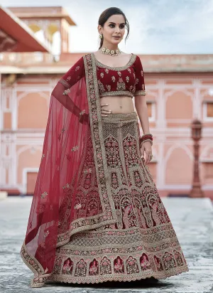 Maroon Embroidered Velvet Wedding Lehenga Choli