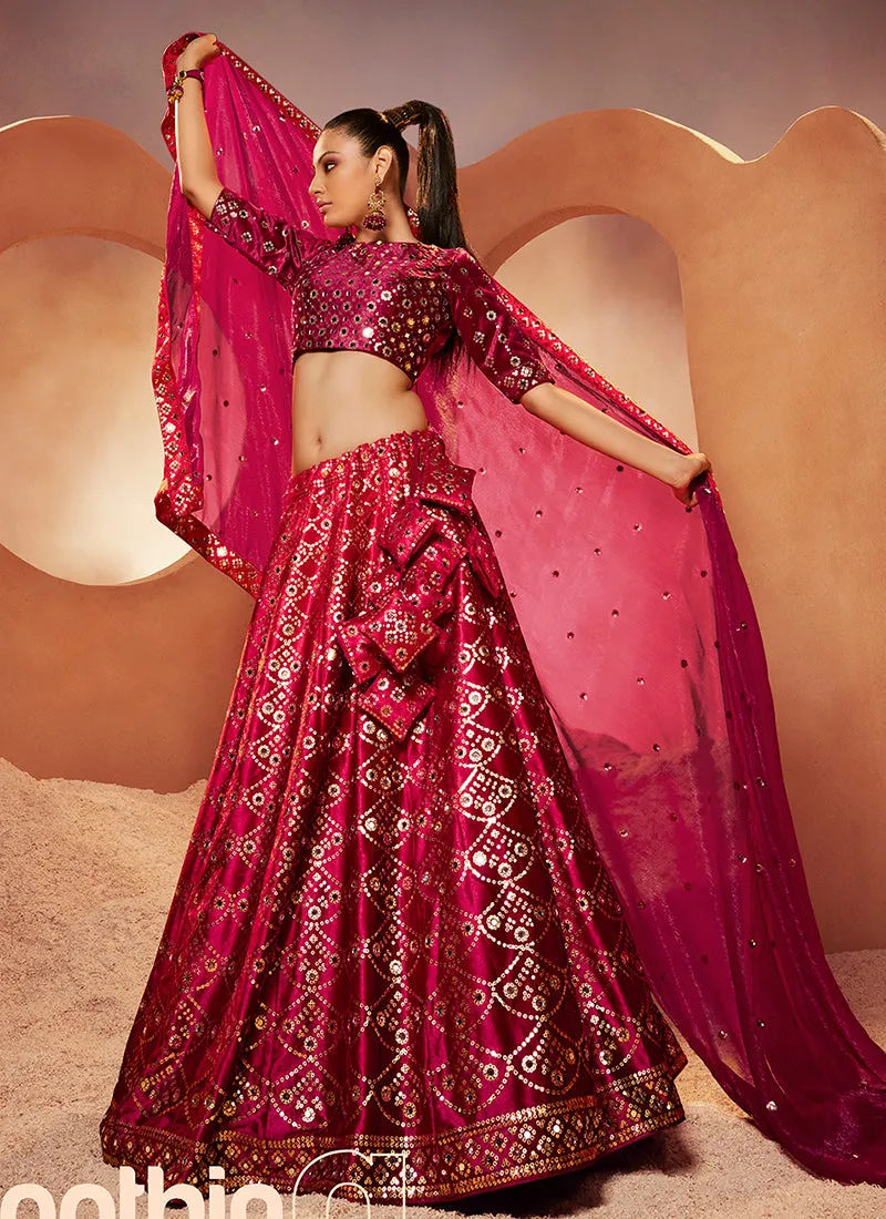 Maroon Mirror Work Embroidery Shaded Velvet Lehenga Choli