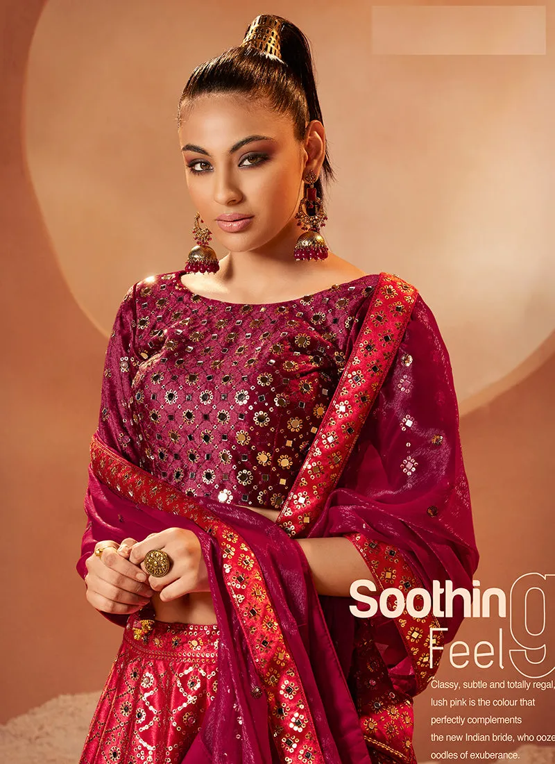 Maroon Mirror Work Embroidery Shaded Velvet Lehenga Choli